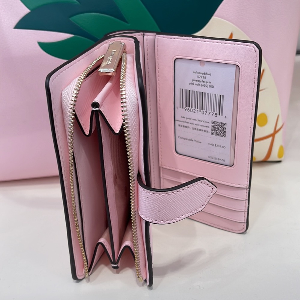 Kate Spade Staci Medium Pineapple Compact Bifold Wallet Pink Multi - Picture 14 of 16